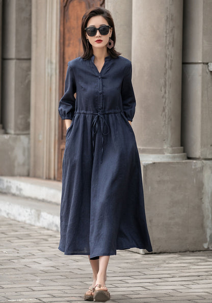Navy Linen Blend Dress – Adjustable Waist Midi Shirt Dress for All Women | Xiaolizi 2594