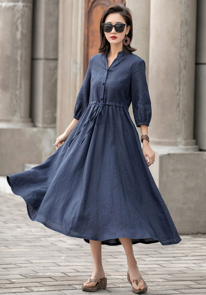 Navy Linen Blend Dress – Adjustable Waist Midi Shirt Dress for All Women | Xiaolizi 2594