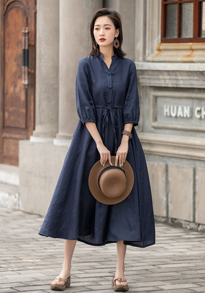 Navy Linen Blend Dress – Adjustable Waist Midi Shirt Dress for All Women | Xiaolizi 2594