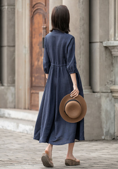 Navy Linen Blend Dress – Adjustable Waist Midi Shirt Dress for All Women | Xiaolizi 2594