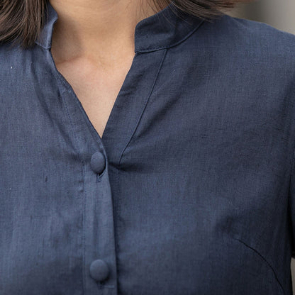 Navy Linen Blend Dress – Adjustable Waist Midi Shirt Dress for All Women | Xiaolizi 2594