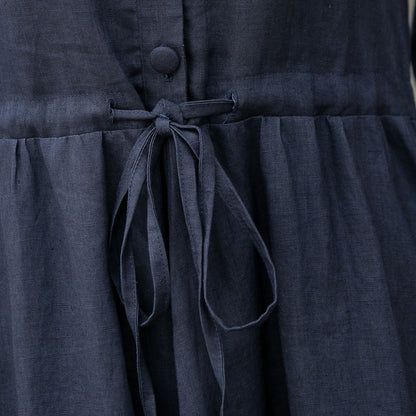 Navy Linen Blend Dress – Adjustable Waist Midi Shirt Dress for All Women | Xiaolizi 2594