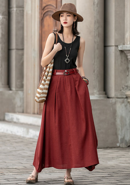 Handmade Linen Maxi Skirt – Red Asymmetrical Long Skirt for Women | Xiaolizi 2595