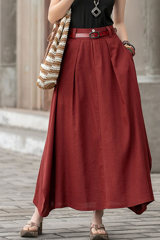 Red Women Maxi Linen Skirt 2595#