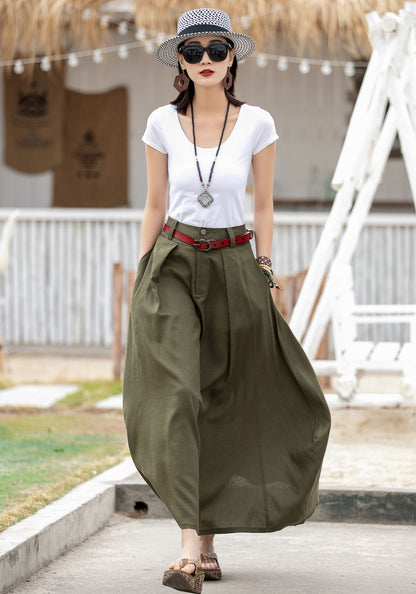 Olive Green Linen Cotton Skirt – Handmade A-Line Maxi Skirt for Women | Xiaolizi 2597