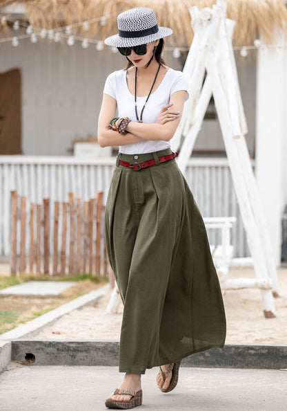 Olive Green Linen Cotton Skirt – Handmade A-Line Maxi Skirt for Women | Xiaolizi 2597