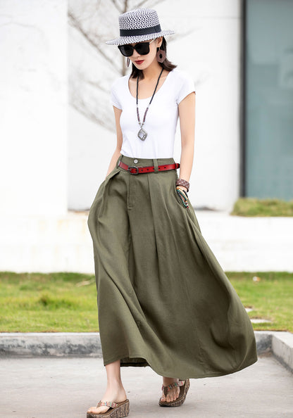 Olive Green Linen Cotton Skirt – Handmade A-Line Maxi Skirt for Women | Xiaolizi 2597