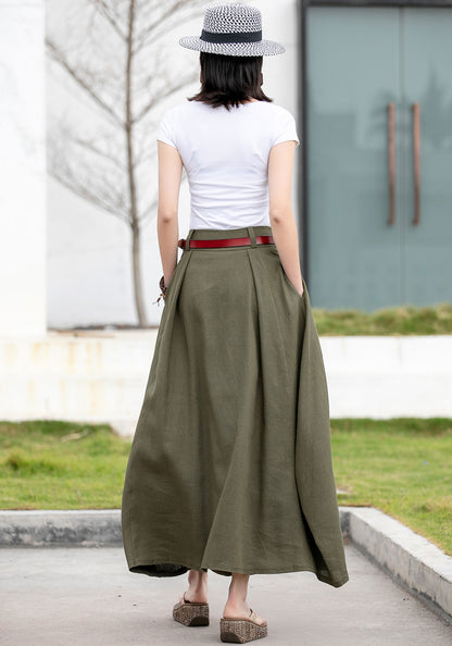Olive Green Linen Cotton Skirt – Handmade A-Line Maxi Skirt for Women | Xiaolizi 2597