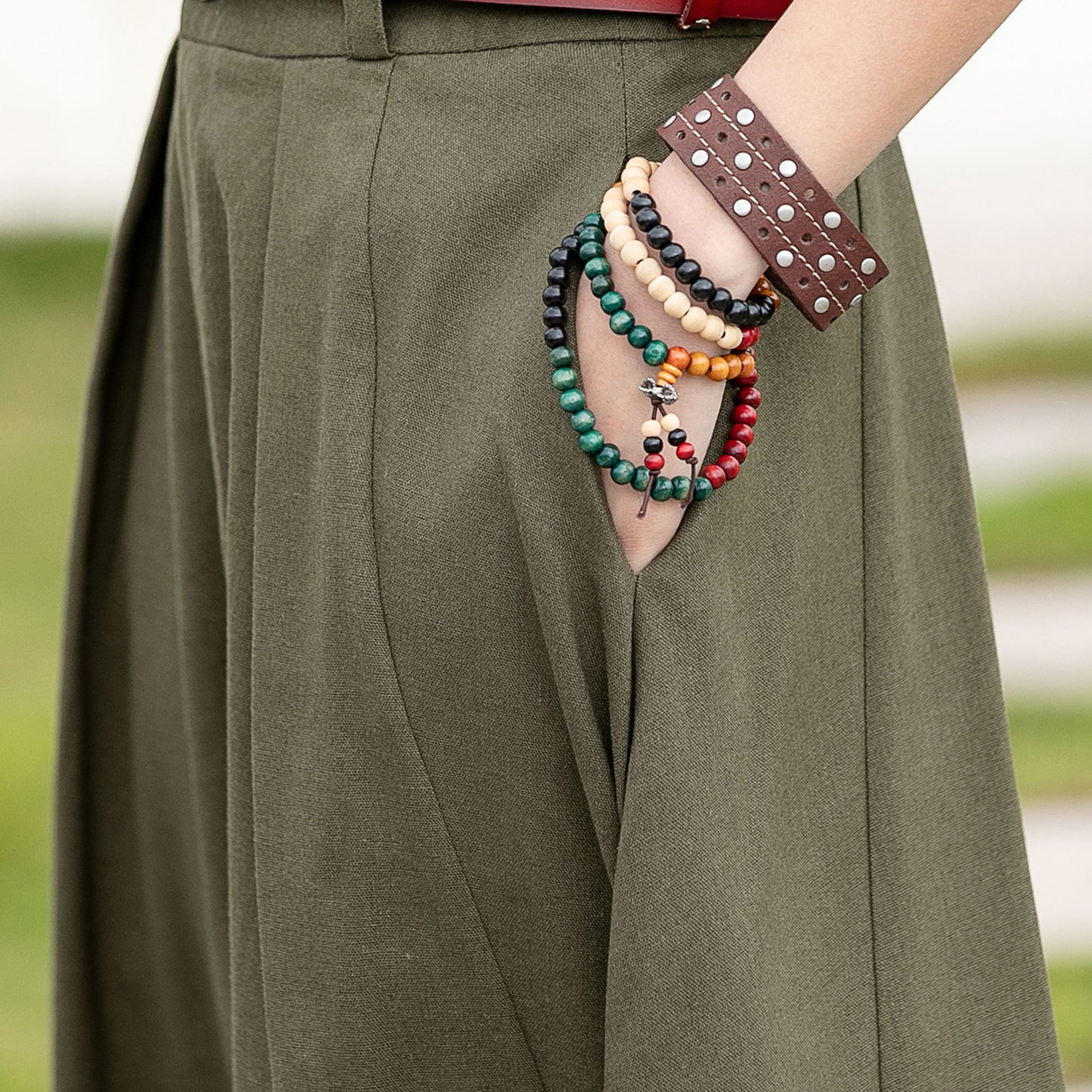 Green Women Maxi Linen Skirt 2597#