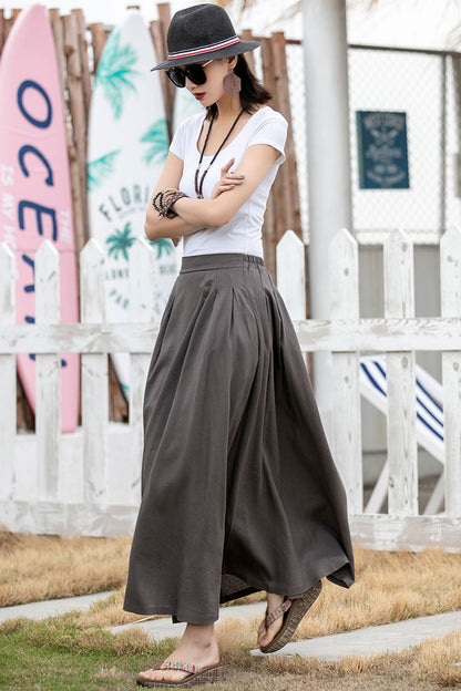 Handmade Linen Cotton Maxi Skirt – Pleated A-Line Long Skirt with Pockets | Xiaolizi 2599
