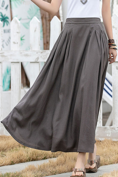 Handmade Linen Cotton Maxi Skirt – Pleated A-Line Long Skirt with Pockets | Xiaolizi 2599