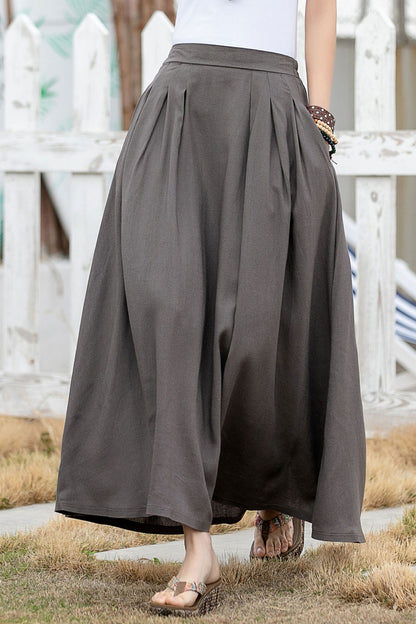 Handmade Linen Cotton Maxi Skirt – Pleated A-Line Long Skirt with Pockets | Xiaolizi 2599