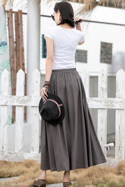 Handmade Linen Cotton Maxi Skirt – Pleated A-Line Long Skirt with Pockets | Xiaolizi 2599