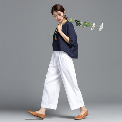 White Linen Wide Leg Pants - Elastic Waist, Above Ankle Length 2610
