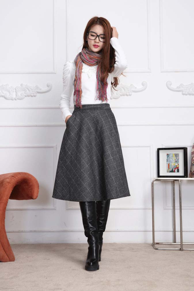 Grey plaid A line skirt for winter J003