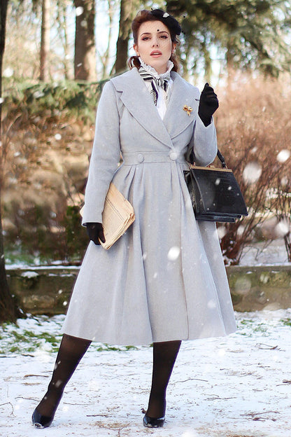 Handmade Light Gray Wool Coat – Vintage Fit & Flare Double-Breasted Princess Coat | Xiaolizi 2700