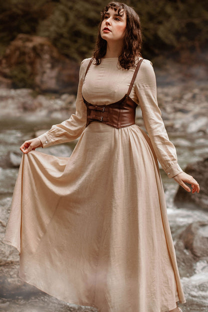 Beige Linen Cotton Maxi Dress - Lantern Sleeve | Xiaolizi 2701