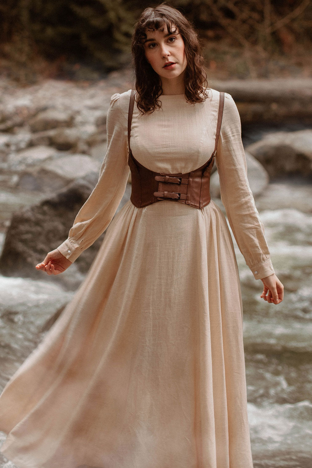 Beige Linen Cotton Maxi Dress - Lantern Sleeve