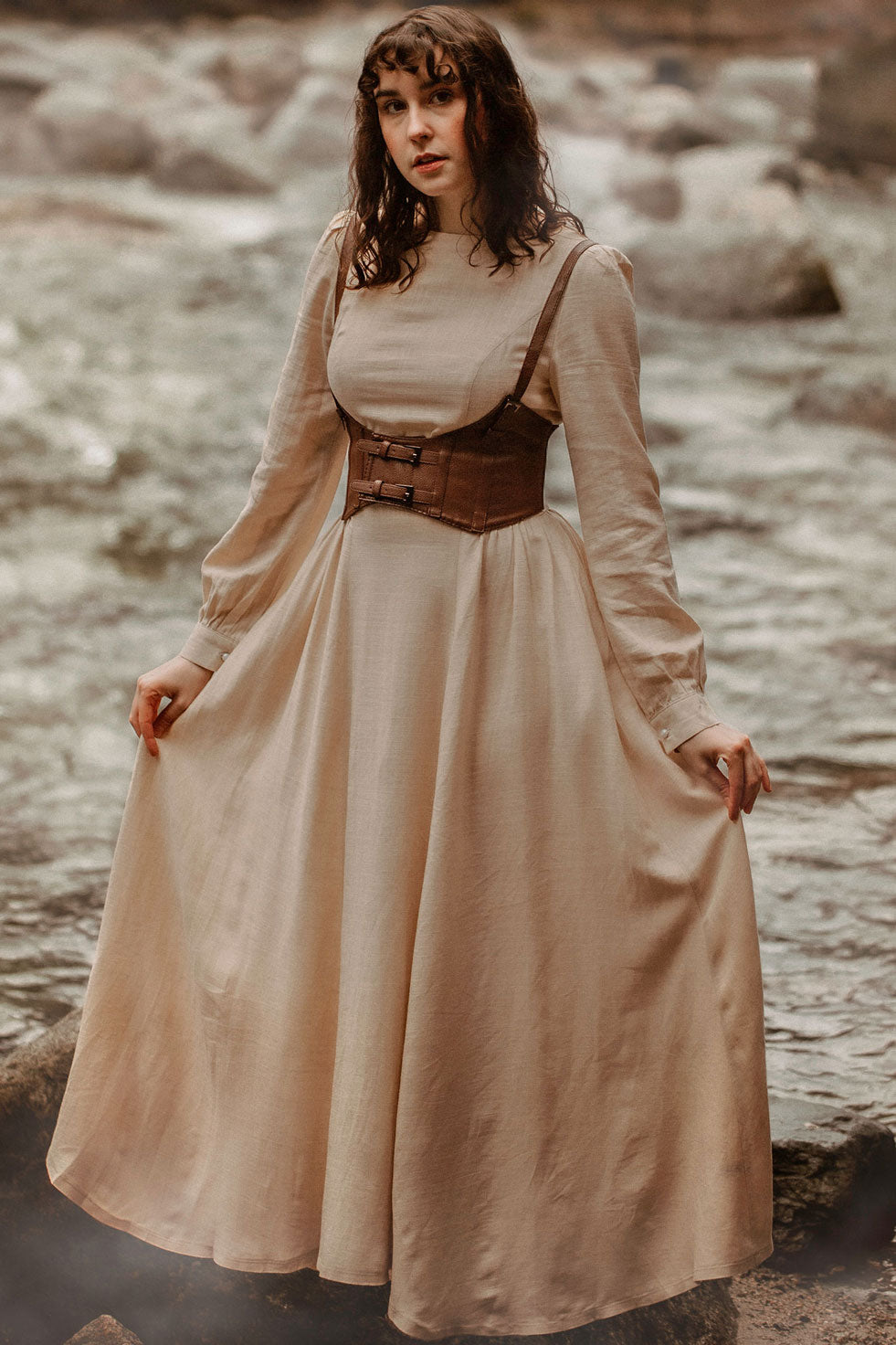 Beige Linen Cotton Maxi Dress - Lantern Sleeve | Xiaolizi 2701