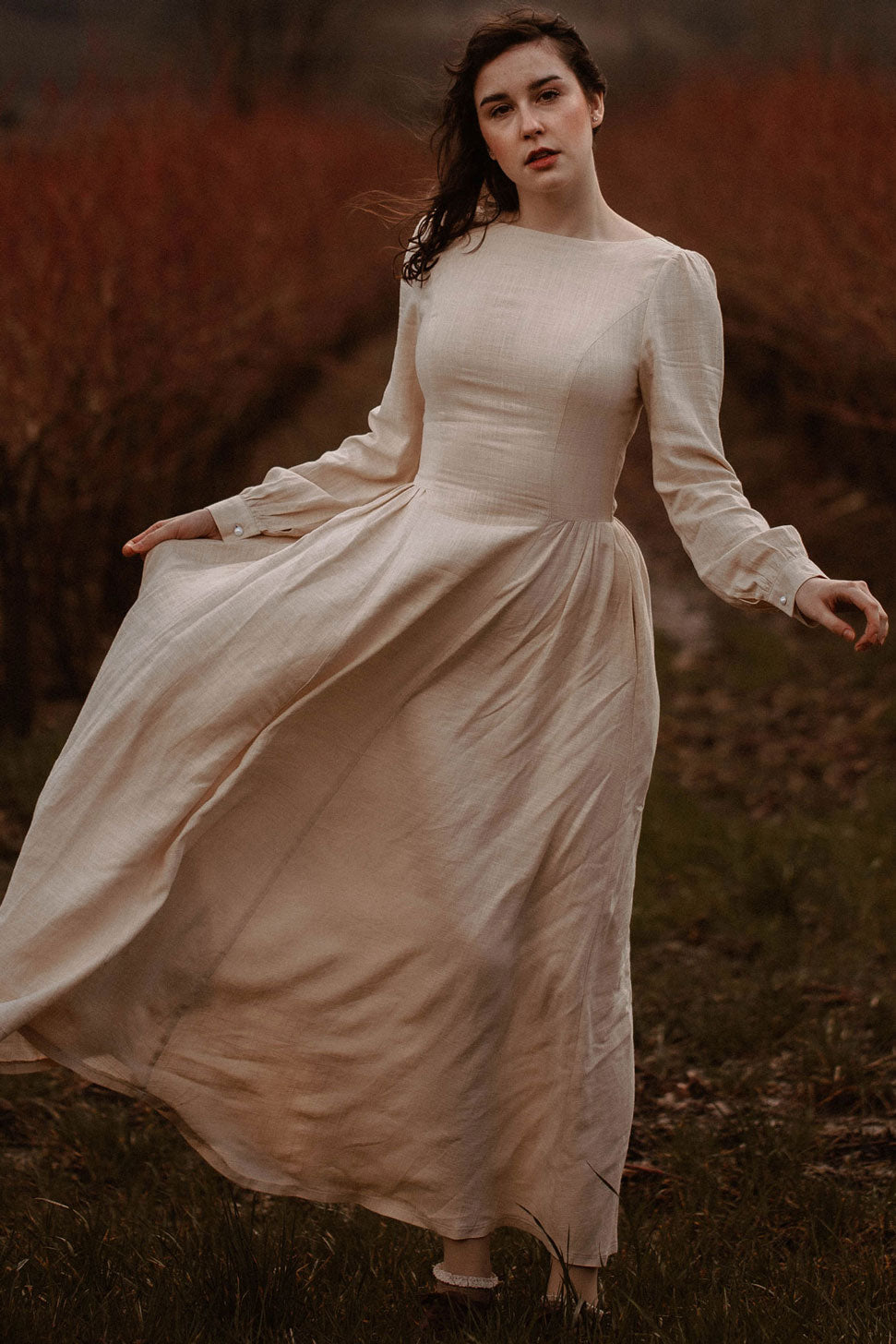 Beige Linen Cotton Maxi Dress - Lantern Sleeve | Xiaolizi 2701