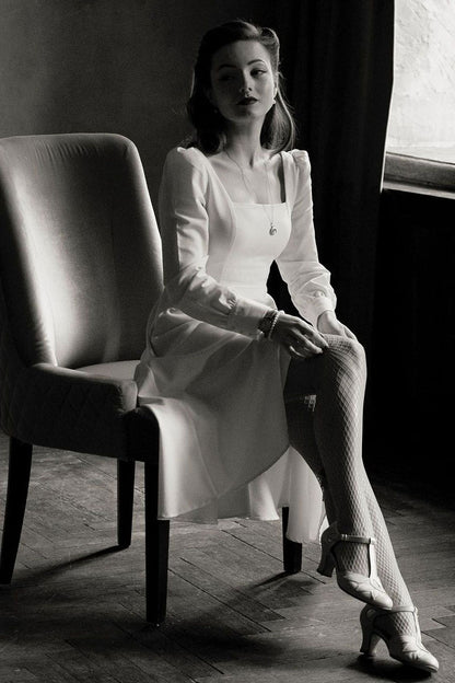 White Polyester Midi Dress - Square Neck Swing | Xiaolizi 2702