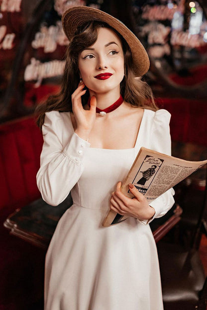 White Polyester Midi Dress - Square Neck Swing | Xiaolizi 2702