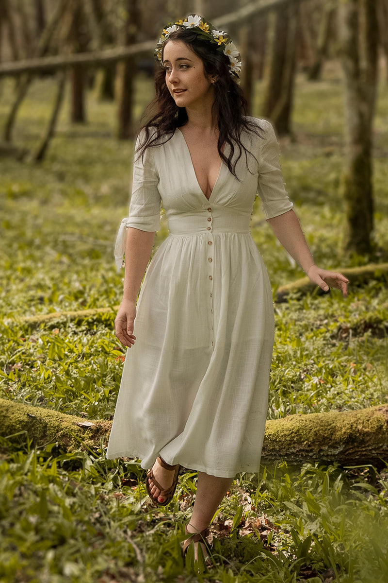 White Linen Cotton Midi Dress - Deep V-Neck A-Line | Xiaolizi 2738