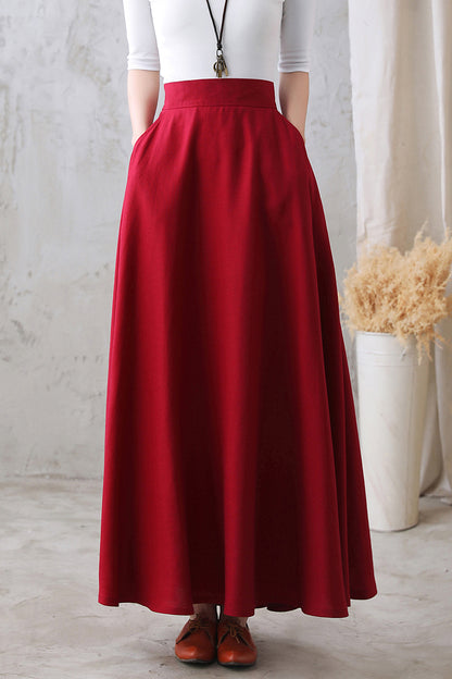 Autumn Flowy Swing Linen Maxi Skirt with Pockets  2769