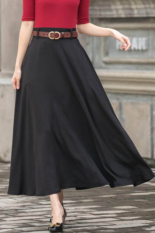 Black A Line Maxi  Linen Skirt with Pockets  277901#
