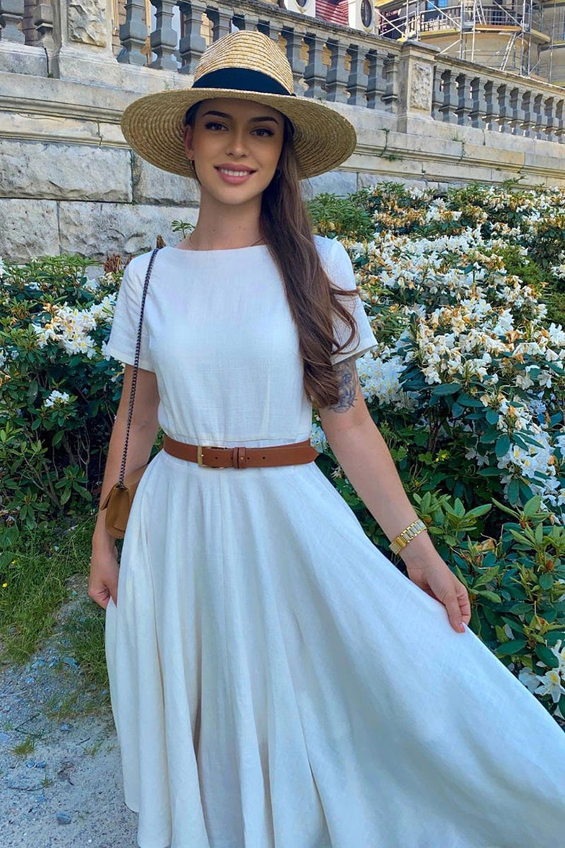 Beige Short Sleeve Midi Women Linen Dress 3718 - Beige / XS Beige Short Sleeve Midi Women Linen Dress 3718 - Beige / XS