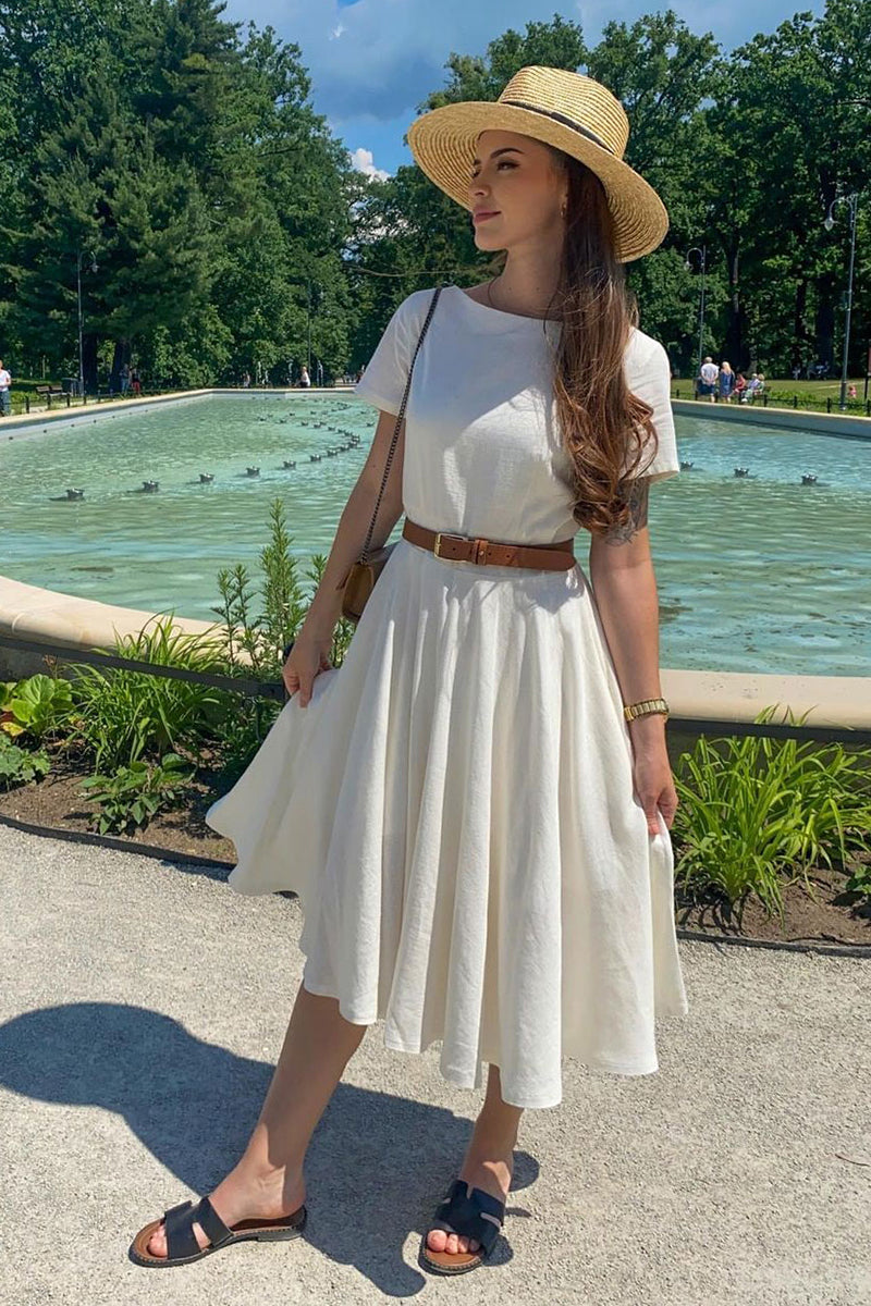 Beige Short Sleeve Midi Women Linen Dress 3718 - Beige / XS Beige Short Sleeve Midi Women Linen Dress 3718 - Beige / XS