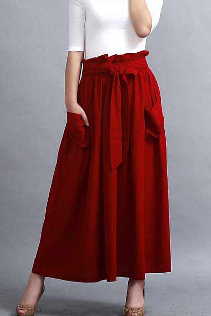 Red linen maxi skirt with elastic wasit ruff detial 0288#