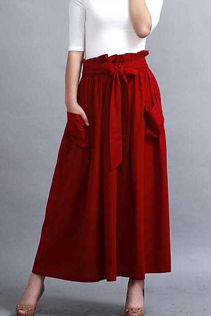 Red linen maxi skirt with elastic wasit ruff detial 0288#