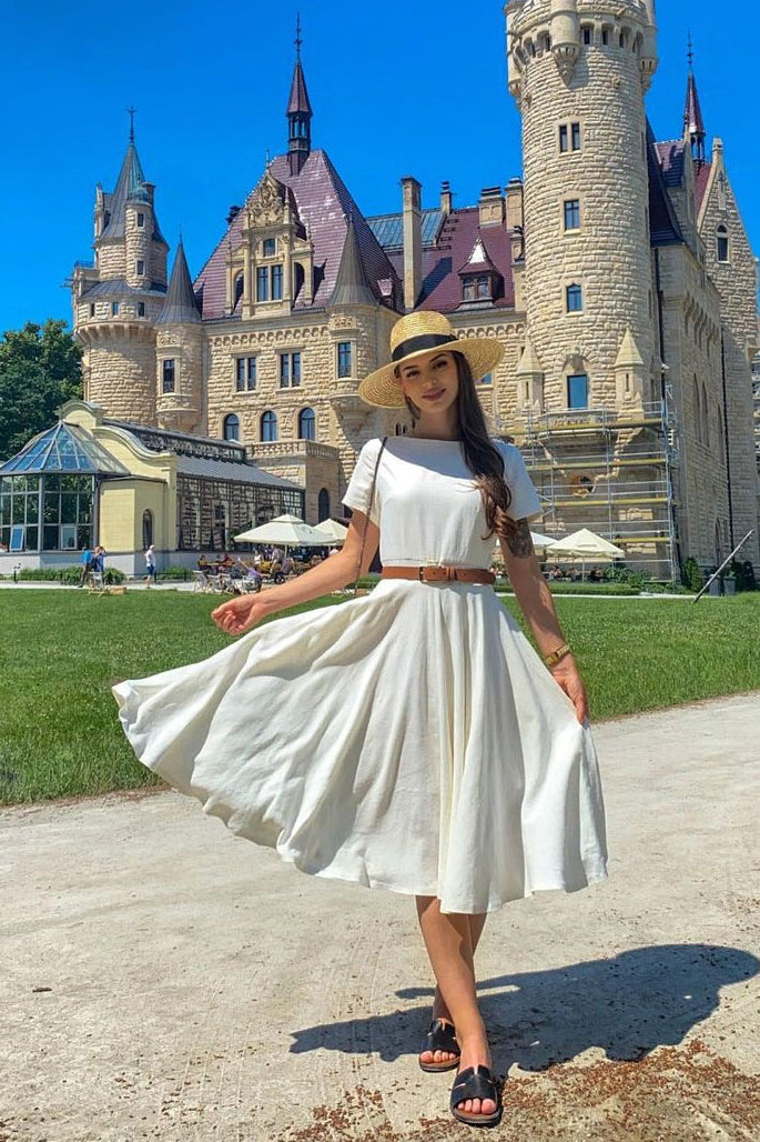 Beige Short Sleeve Midi Women Linen Dress 3718 - Beige / XS Beige Short Sleeve Midi Women Linen Dress 3718 - Beige / XS