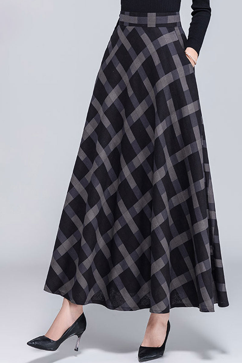 Women Gray Plaid Maxi Linen Skirt 3054