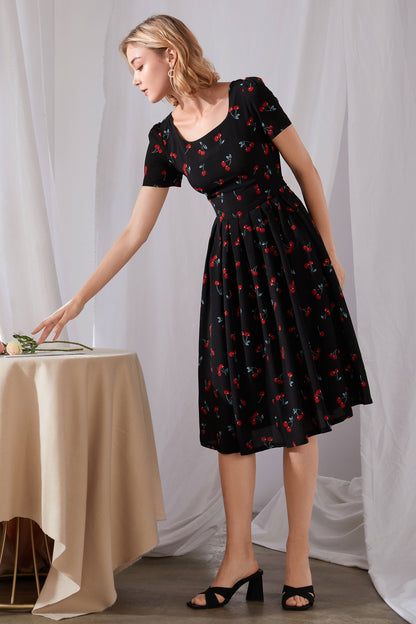 Black Cotton Blend Midi Dress - Cherry Print, Square Neckline 3453