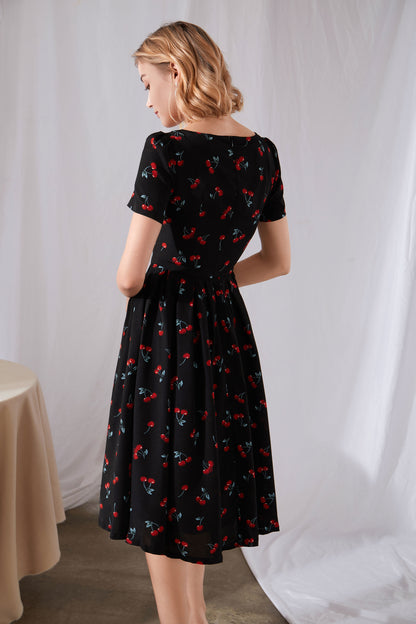 Black Cotton Blend Midi Dress - Cherry Print, Square Neckline 3453