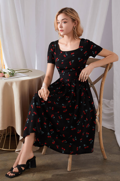 Black Cotton Blend Midi Dress - Cherry Print, Square Neckline 3453