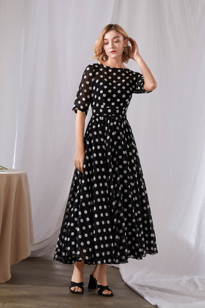 Black & White Polka Dot Chiffon Maxi Dress - Illusion Neckline, Fit Waistband 3454