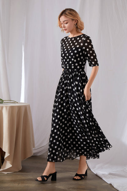 Black & White Polka Dot Chiffon Maxi Dress - Illusion Neckline, Fit Waistband 3454