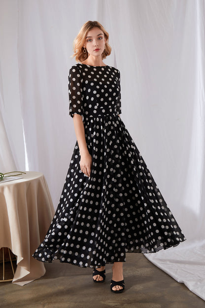 Black & White Polka Dot Chiffon Maxi Dress - Illusion Neckline, Fit Waistband 3454