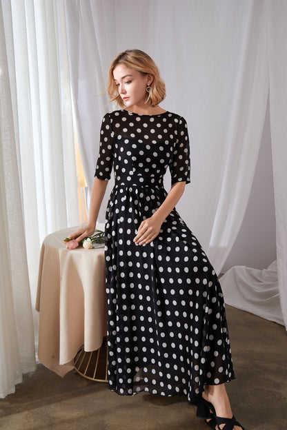 Black & White Polka Dot Chiffon Maxi Dress - Illusion Neckline, Fit Waistband 3454