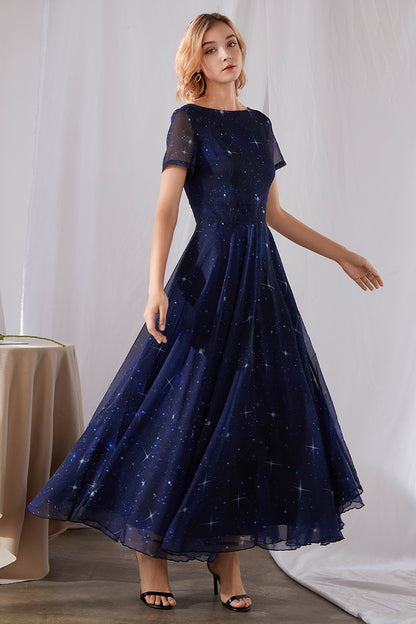 Summer Blue Starry Night Short Sleeve Swing Maxi Dress 3456 – Xiaolizi
