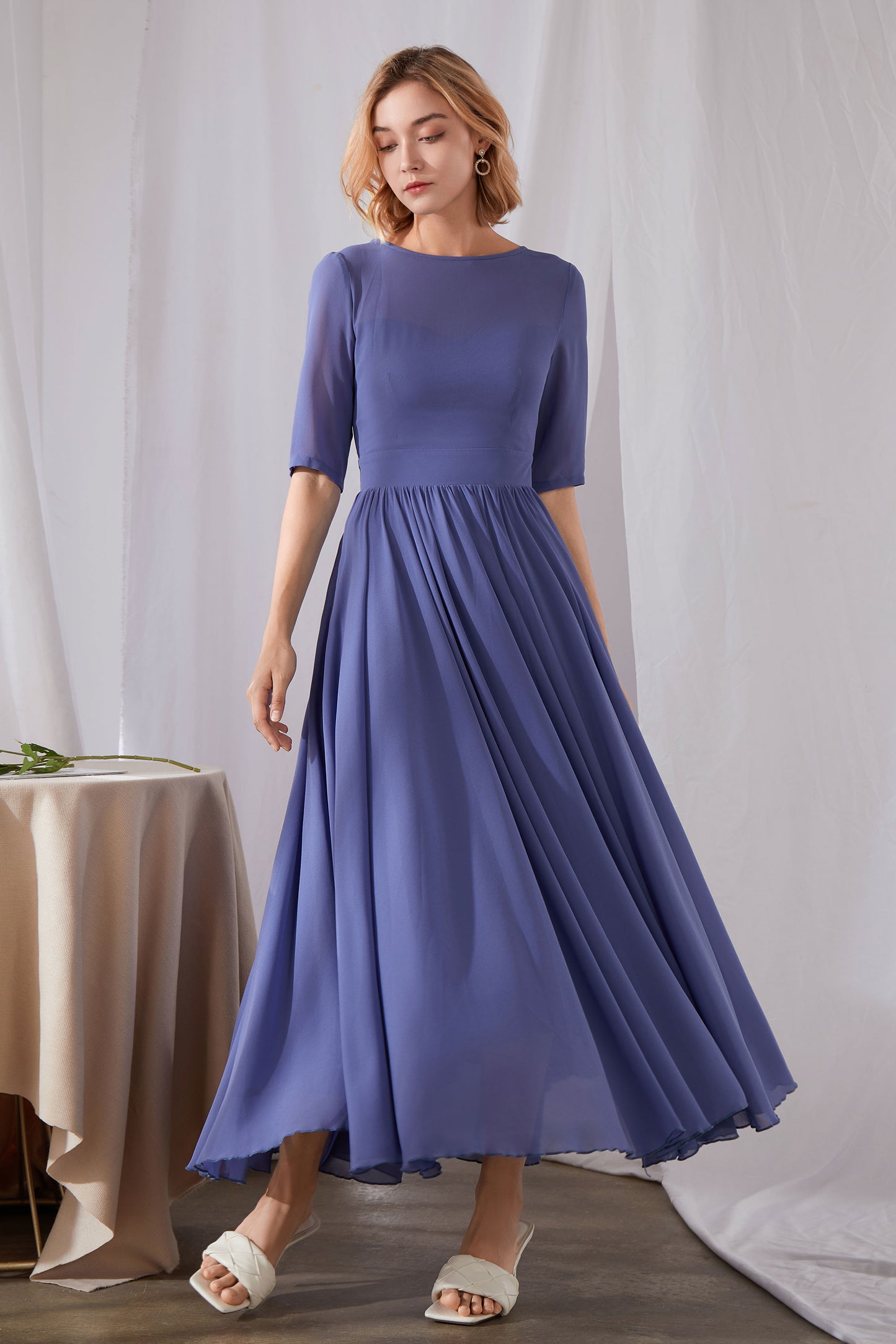 Blue Pleated Maxi Chiffon Dress with Boat Neckline and Fit Flare Silhouette – Xiaolizi