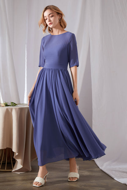 Blue Pleated Maxi Chiffon Dress - Fit and Flare, Boat Neckline 3457