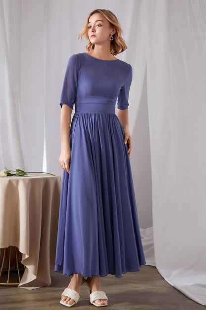 Blue Pleated Maxi Chiffon Dress - Fit and Flare, Boat Neckline 3457