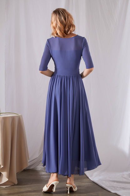 Blue Pleated Maxi Chiffon Dress - Fit and Flare, Boat Neckline 3457