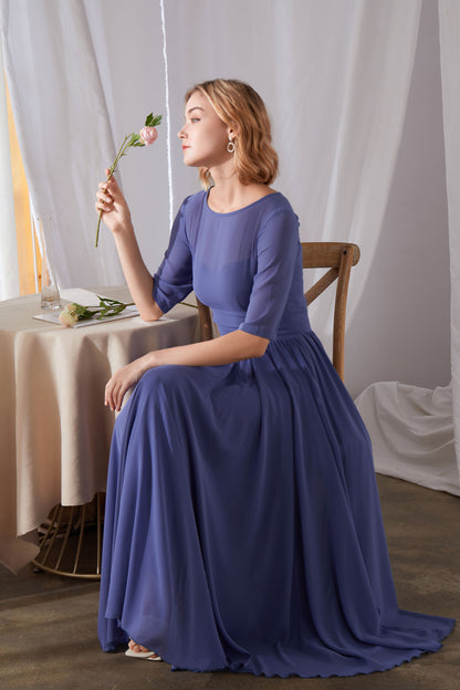 Blue Pleated Maxi Chiffon Dress - Fit and Flare, Boat Neckline 3457