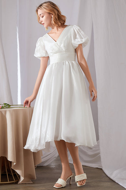 Women White Midi Swing Wedding Bridesmaid Dress 3458#