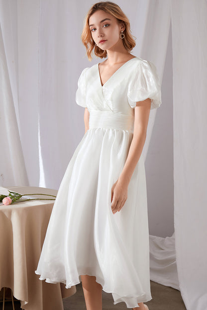 White Polyester Midi Dress - V-Neck Puff Sleeve Swing 3458